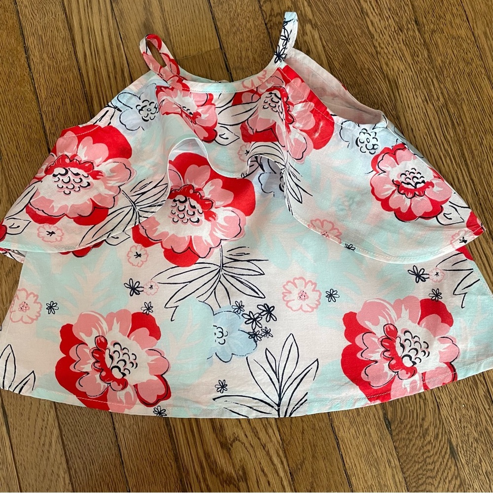 Janie and Jack dressy summer top 6-12 months float white blue big flowers